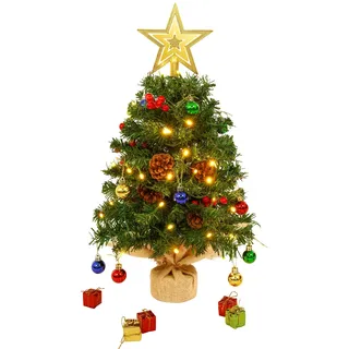 AGM 60 cm Tisch Weihnachtsbaum Klein mit 50 LEDs Lichterketten Deko Fünfzackiger Stern Oben, 24inch Christbäume mit 18 Weihnachtsde Kugeln für Weihnachts Dekoration