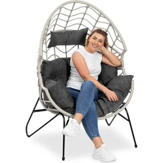 di volio Gartensessel Alcamo Grau/Grau, Relaxsessel für Garten, Balkon und Terrasse, Relaxliege aus witterungsbeständigem Polyrattan + Fleecedecke - Grau