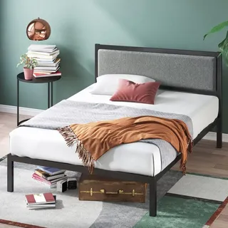 Zinus Korey Bett 140x200 cm - Höhe 36 cm mit Stauraum unter dem Bett - Metall Plattform Bettgestell mit gepolstertem Kopfteil - Schwarz und Grau