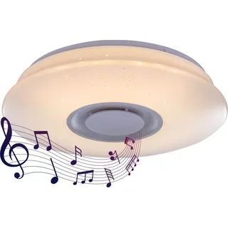 Globo Lighting Deckenleuchte Metall weiß, Acryl opal sparkle, Kunststoff weiß, Bluetooth, Lautsprecher 5W, ø: 360mm, H: 80mm, inkl. LED 12W 230V, 960lm Source, 720lm Output, 3000K - Weiß