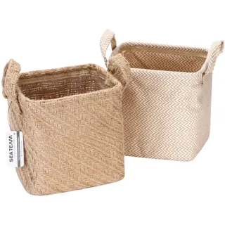 Sea Team Aufbewahrungskörbe Organizer Box Bins aus Jute- und Baumwollleinen Faltbar mit Griff Dekorativ für Haushaltswaren Schreibwaren Kleinigkeiten Spielzeug Jewerly Farbe Beige 17 * 17 * 17CM 2PCS