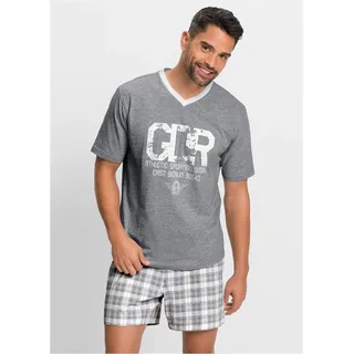 Shorty BONPRIX, Herren, Gr. 56/58 (XL), grau (grau meliert, weiß), Jersey, Obermaterial: 70% Baumwolle, 30% Viskose, bedruckt, kariert, meliert, unifarben, Basic normal, V-Ausschnitt, Homewear-Sets Shorty, bequeme Passform, mit elastischem Gummibund, im Casual Stil, Topseller
