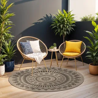 Surya Tavira Vintage Teppich rund - Teppiche Wohnzimmer, Esszimmer, Flur, Carpet Living Room - Orientalischer Teppich Boho Style - Bunter Muster,Dark Beige, Tan, Black 160cm Rund