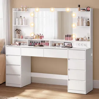 VASAGLE Schminktisch mit Spiegel und Beleuchtung, 10 Schubladen | Großer Kosmetiktisch mit Steckdosen, 3 Farbmodi, 137 x 40 x 144,3 cm, Wolkenweiss, KAILYN Kollektion RDT341WB01