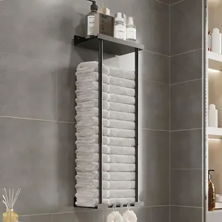 Asdsed Edelstahl Handtuchhalter ohne Bohren, Ausziehbar Handtuchregal mit großem Stauraum – selbstklebendes Gästehandtuchhalter Badetuchhalter für Bad & Küche, 38-75 cm, schwarz