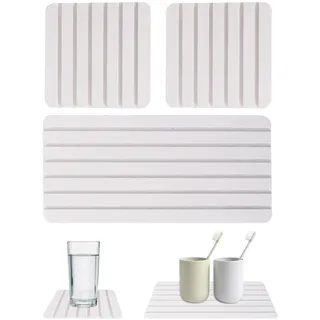3 Stück Wasserabsorbierender Stein,rutschfeste Schnell Trocknende Seifenschalen,Badezimmer-Tablett mit Rillen,Wasserabsorbierendes Stein-Tablett für Handseifen Getränkeflaschen (Weiß)