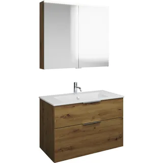 burgbad Eqio Set, bestehend aus Spiegelschrank, Keramik-Waschtisch Slim und Waschtischunterschrank, Breite 920mm, SHCP092F5662C0001G0146, Farbe: Eiche Dekor Urban / Eiche Dekor Urban, Griff Chrom