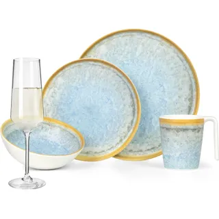Melamin Camping Geschirr Set 4 Personen Crystal Blue + 4 Milano Champgner Gläser Flûtes Tafelgeschirr Picknick BBQ Kochgeschirr