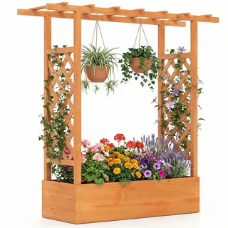 FANTASK 2-in-1 Hochbeet mit Spalier, Blumenkasten mit Rankhilfe & hängendem Dach, Pflanzkübel für Kletterpflanzen, hängende Körbe, Pflanzkasten für Garten, Hof Terrasse (Orange, 110x35x114 cm)