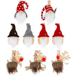 Cabilock 9 StüCke WäScheklammern Weihnachten, Kleine Holzklammern Santa Rentier Figur Dekoklammern Weihnachten Deko FüR Fotowand Basteln Snacks TüTen Kinderzimmer