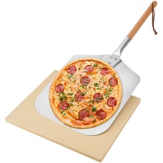 Mimiuo Pizzaschaufel Holz mit Pizzastein aus Cordierit für Backofen, Schneidebrett Holz für Gemüse und Obst, rechteckig Pizzastein