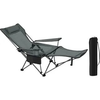 Klappbarer Campingstuhl – Komfortabler Campingstuhl – mit abnehmbarer Fußstütze – Integrierter Getränkehalter – Wetterfest und tragbar – Grau