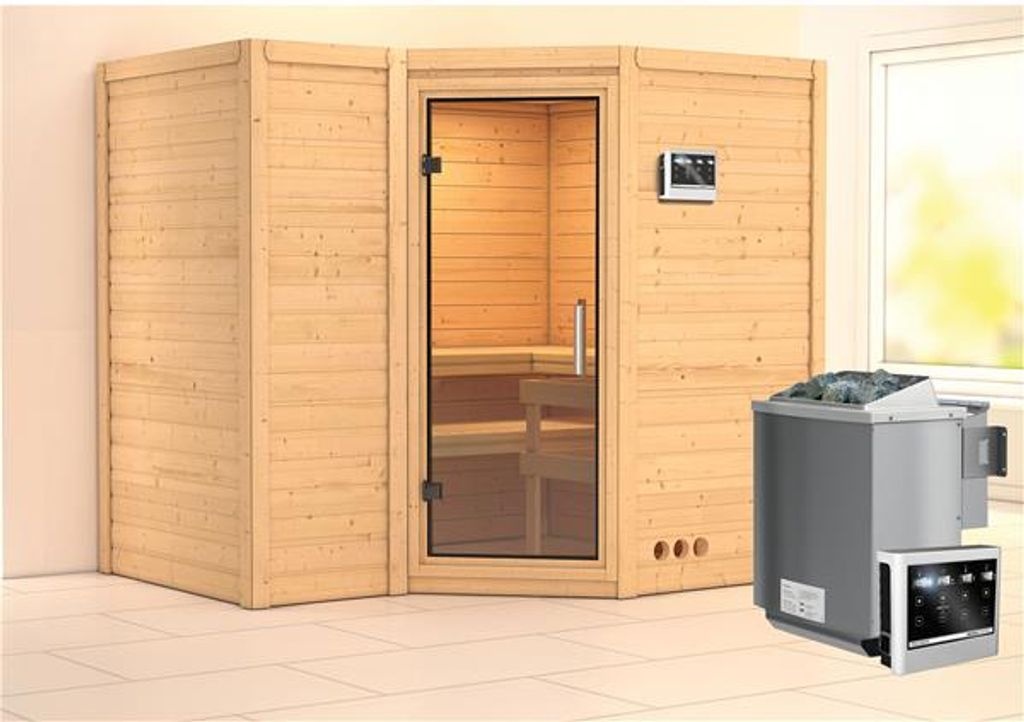Bild von Sauna Sahib 2 40mm Eckeinstieg, 9 kW Bio-Kombiofen mit Bio Saunaofen 9kW extern Klarglastür