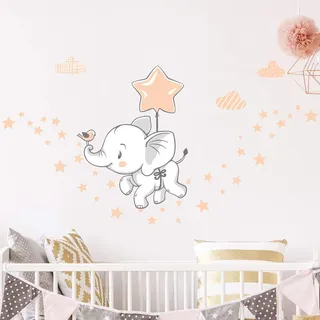 Wandsticker für Kinder - Dekoration Babyzimmer - Wandtattoo Kinderzimmer - Frohe Elefant in den Wolken + 120 Sterne - H40 x L30 cm