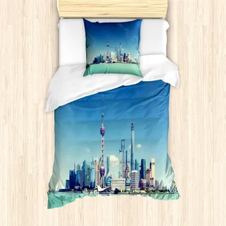 ABAKUHAUS China Stadtansicht Mantele, Shanghai-Landschaft, Milbensicher Allergiker geeignet mit Kissenbezügen, 135 cm x 200 cm - 80 x 80 cm, Mint Grün Blau Grau
