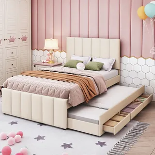 Flieks Polsterbett mit Unterbett, Einzelbett Jugendbett mit Lattenrost und Schubladen, Kinderbett Holzbett Gästebett Tagesbett 90x200/90x190cm, Leinen - Beige