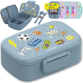BEARFOOT Brotdose Kinder mit Fächern, BPA frei, Lunchbox, Bento box, Brotbox, Brotdose Mädchen & Jungen, Snackbox, 100% auslaufsicher, Vesperbox für Kindergarten, Schule (Sticker-blau)