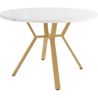 Merax Runder Esstisch 100cm  MDF Marmoroptik  X-Gestell Gold