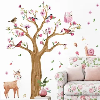WandSticker4U®- [Extra groß] Riesige Wandtattoo BAUM Kinderzimmer aquarell XXL (145x170 cm) I Wandsticker Baum groß Blumen Waldtiere I Wandaufkleber Kinderzimmer Deko Mädchen & Junge