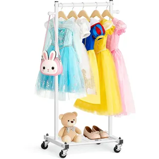MISSLO Kinder Kleiderständer auf Rollen, 114cm Stabil Klein Kleiderstange mit Ablage, Metall Schmal Garderobenständer for Kinderzimmer Dress-up-Ständer, Weiss