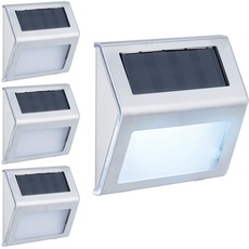 Bild Solarlampen für Wand, 4er Set, Hauseingang & Garten, LED Außenleuchte, IP44, Edelstahl, weißes Licht, Silber