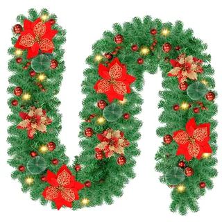 Weihnachtsgirlande, 2,7 M/9FT, Tiazhan Künstliche Tannengirlande Mit Led-lichtern, Künstliche Weihnachtskranz-türdekorationen Für Kamine, Treppen, Christmas Rattan mit Beleuchtung
