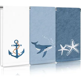 FYSUIMU Bestickte Handtücher aus Baumwolle im maritimen Design mit Anker, Seestern und Wal, saugfähig, für Badezimmer, Händetrocknen, Reinigen und Küche, 75 x 35 cm, 3er-Set