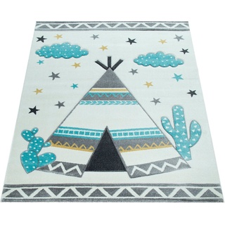 Paco Home Kinderteppich Kinderzimmer Pastell Farben, Indianer-Zelt Motiv 3-D, in Cream Grau, Grösse:140x200 cm