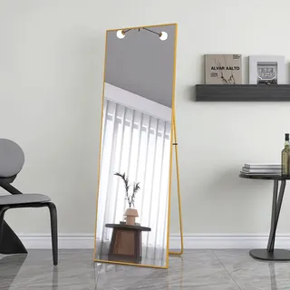 UnboxG 162 × 53 cm minimalistische Rahmen Standspiegel, Solider Ganzkörperspiegel frei stehend, leicht Spiegel in voller Länge Aufhängen an der Wand horizontal oder vertikal, Gold - Gold