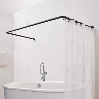 Crkmire Duschvorhangstange U Form Duschstange 88x93.5x88 cm | Eckduschstange aus Stahl, Matt Schwarz | Inkl. Deckenstütze & 12 Haken | Montageset