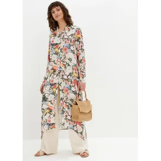 Longbluse BONPRIX "Longbluse aus fließender Viskose", Damen, Gr. 50, grün (oliv geblümt), Obermaterial: 100% Viskose, A-Linie, Blusen Longbluse, in A-Linie, aus Viskose, mit Blütendruck, mit Hemdblusenkragen