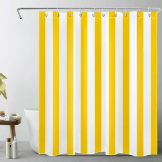 LB Gelb weiß gestreift Duschvorhang 150x180cm Einfache geometrische Kunst Antischimmel Wasserdicht Badezimmer Vorhänge, Minimalist Kurz Polyester Stoff Bad Vorhang mit Haken