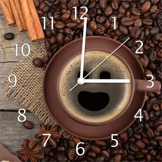 Wallario Design Wanduhr Lustige Kaffeetasse mit einem Lächeln - Kaffeebohnen und Zimt aus Echtglas, Größe 30 x 30 cm - Schwarz