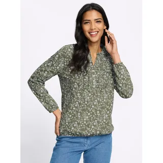 Langarmshirt "Langarm-Shirt", Damen, Gr. 42, grün (khaki, ecru, bedruckt), 100% Baumwolle, geblümt, gemustert, V-Ausschnitt, Shirts Langarmshirt