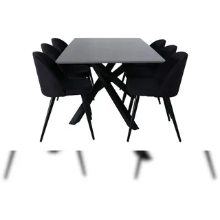 VCM PiazzaGRBL Essgruppe Esstisch grau und 6 Velvet Esszimmerstühle schwarz.
