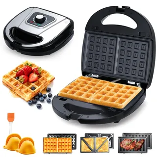 Mingfuxin 3 IN 1 Frühstücks Sandwichmaker, Elektrisches Waffeleisen, Panini-Grill mit abnehmbaren Antihaft-Platten, Elektrischer Grillkäse-Maker für Grillgerichte, Desserts, Waffeln und Sandwiches