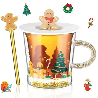 ecooe Süße Lebkuchenmann Weihnachtstasse Doppelwandige Kaffeegläser 260ml Weihnachtsgeschenke Geschenke für Frauen,Mädchen,Mama Weihnachtstassen Glas mit Deckel und Rührstab für Milch Latte Macchiato
