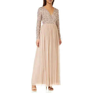 Maya Deluxe Damen Ladies Maxi Dress for Women with Long Sleeves V Neckline Plunging Sequin Embellished for Wedding Guest Bridesmaid Prom Kleid, Taupe Blush,