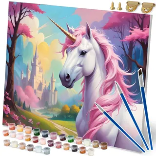 Massido Malen Nach Zahlen 40 x 50 cm Set Mit 3 Pinseln 30 Farben Haken Einhorn