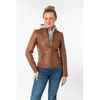 Lederjacke MAURITIUS "Junja", Damen, Gr. XS/34, braun (cognac), Obermaterial: 100% Schafsleder. Futter: 100% Baumwolle. Kapuze: 55% Baumwolle, 45% Polyester. Ärmelfutter: 100% Polyester, sehr figurbetont kurz, mit Reißverschluss, Jacken Lederjacke, mit abnehmbarem Kapuzen-Einsatz und aufwendigen Biker-Details, Topseller