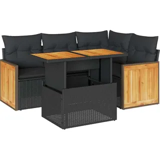 vidaXL 5tlg. Garten-Sofagarnitur mit Kissen Schwarz Poly Rattan Akazie - Schwarz