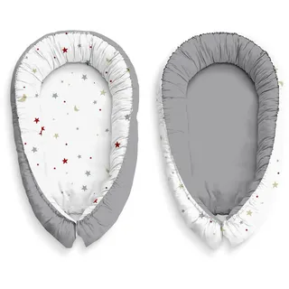 KosPu Multifunktionale Kuschelnest Babynest Kokon für Babys und Säuglinge, Nestchen, Reisebett, 100% Baumwolle, antiallergisch, Graue Sterne