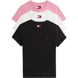 Tommy Hilfiger Tommy Jeans Damen 3er Pack T-Shirts Kurzarm mit Rundhalsausschnitt, Mehrfarbig (Black/Ecru/Mystic Pink), XL