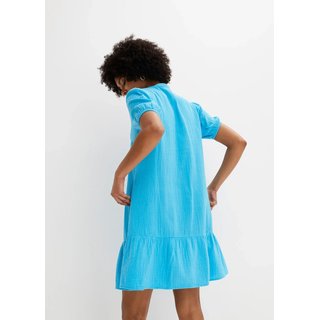 Minikleid BONPRIX, Damen, Gr. 36, N-Gr, türkis, Web, Obermaterial: 100% Baumwolle, unifarben, A-Linie ca. Mitte Oberschenkel, V-Ausschnitt, Puffärmel mit Gummizug, Kleider Minikleid, aus Baumwoll-Musselin, Volant, kurze Puffärmel, bequeme A-Linie, Topseller