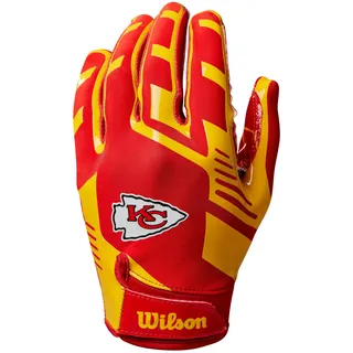 Wilson Youth NFL Stretch Fit Football Handschuhe, Sichere Passform und Fester Grip, Aus atmungsaktivem Stoff mit einem energiegeladenen Design, Team: Kansas City Chiefs, Farbe: Rot/Gelb, Jugendgröße