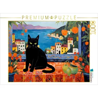 CALVENDO Puzzle Schwarze Katze auf einem Tisch | 1000 Teile Lege-Größe 64 x 48 cm Foto-Puzzle für glückliche Stunden