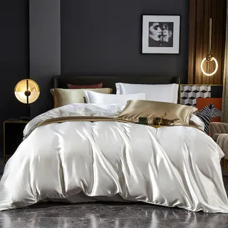 Freyamy Sommer Bettwäsche 135x200cm 4teilig Kühlende Weiß Satin Polyester Seidig Glatt Bettwäsche-Sets Unifarben Glänzend Sommerbettwäsche 1 Bettbezug mit Reißverschluss und 1 Kissenbezug 80x80cm