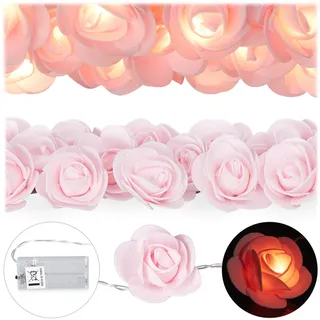 Relaxdays Rosen Lichterkette, 20er LED Lichterkette Batterie, Hochzeit, Verlobung & Valentinstag, warmweiß, Deko, rosa