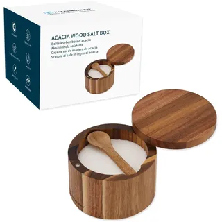 KITCHENDAO Acacia Holz Salzdose mit Integriertem Löffel, Salzbehälter mit magnetischem Deckel, Schwenkdeckel Für Küche, Aufbewahrung von Salz Meersalz Gewürzen Pfeffer Kraut, 6oz