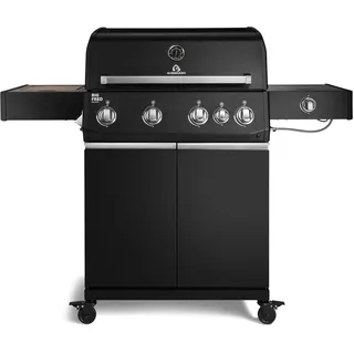 BURNHARD® Big FRED Deluxe Gasgrill 4-Brenner, Gusseisenrost, Schwarz-Matt | 900°C Infrarot-Zone, Heckbrenner, Seitenkocher, Aludruckguss-Edelstahl-Brennkammer, 24.4 kW Leistung